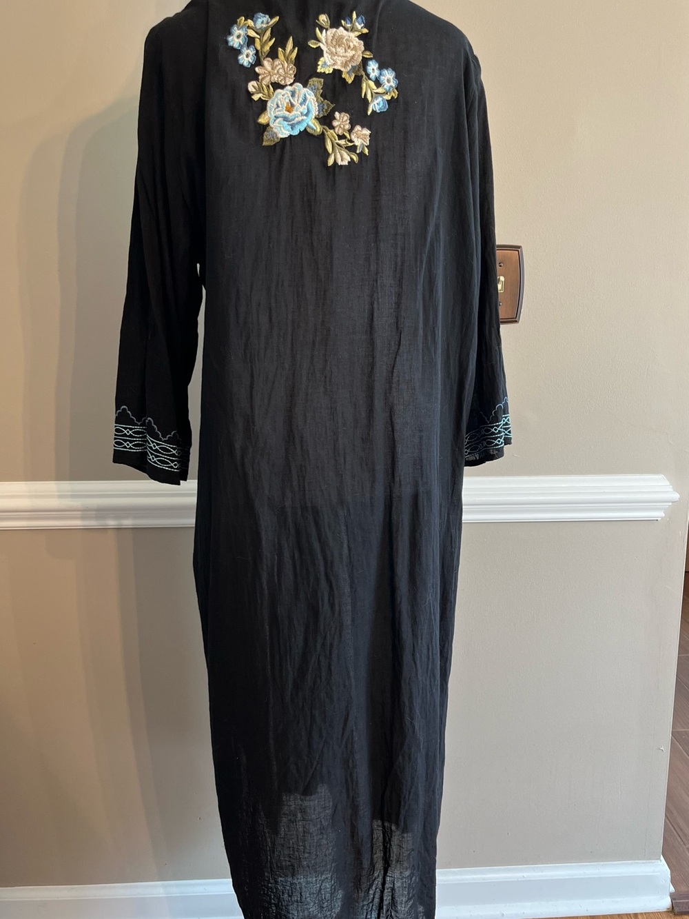 paparazzi Black Maxi Dress swim coverup with Blue and Cream Floral Embroidery - Picture 3 of 6